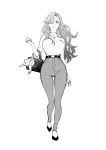  1girl absurdres bag breasts commentary_request denim earrings eyelashes greyscale handbag highres jeans jewelry large_breasts long_hair makeup monochrome nail_polish open_mouth osg_pk pants police_and_lady simple_background sleeves_rolled_up sweater torikai_emma turtleneck turtleneck_sweater white_background 