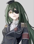  1girl armband ascot black_jacket breasts buttons closed_mouth commentary_request crusch_karsten double-breasted epaulettes eyepatch flower green_hair grey_background hair_between_eyes hat highres jacket long_hair long_sleeves looking_at_viewer medium_breasts military military_jacket military_uniform mini_hat one_eye_covered poppokopopop re:zero_kara_hajimeru_isekai_seikatsu red_armband shirt simple_background solo upper_body white_ascot white_shirt yellow_eyes 