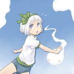  alternate_costume blue_eyes buruma gym_uniform headband hitodama konpaku_youmu konpaku_youmu_(ghost) myonde silver_hair solo sweat touhou 