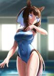  1girl almond_eye_(umamusume) animal_ears breasts brown_hair colored_inner_hair commentary_request competition_swimsuit covered_navel groin highres horse_ears horse_tail impossible_clothes impossible_swimsuit medium_breasts mitsumine-guchi multicolored_hair multicolored_one-piece_swimsuit one-piece_swimsuit purple_eyes short_hair smile solo standing swimsuit tail two-tone_hair umamusume wet wet_clothes wet_swimsuit white_hair white_one-piece_swimsuit x_x 
