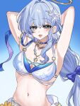  1girl armpits arms_behind_head bikini blue_hair blue_sky breasts cleavage commentary_request green_eyes hair_intakes hair_ornament halo head_wings highres honkai:_star_rail honkai_(series) large_breasts long_hair looking_at_viewer navel open_mouth revision robin_(honkai:_star_rail) robin_(summeretto)_(honkai:_star_rail) sky solo starfish_hair_ornament stomach swimsuit tarutaru428 very_long_hair white_bikini white_wings wings 