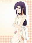  apron badge bangs bare_shoulders blue_eyes blunt_bangs blush collarbone face holding_arm ikari_manatsu long_hair naked_apron purple_hair solo tsurime waitress working!! yamada_aoi 