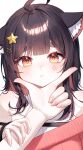  1girl 1other absurdres ahoge animal_ear_fluff animal_ears blush brown_hair cat_ears cat_girl commentary commission dress english_commentary grabbing_another's_arm gradient_eyes hair_ornament highres limi_(li_mi_0) looking_at_viewer multicolored_eyes off-shoulder_dress off-shoulder_shirt off_shoulder orange_eyes original pink_sweater portrait pout pov shirt solo_focus star_(symbol) star_hair_ornament sweater tearing_up white_shirt yellow_eyes 