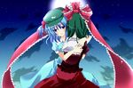  frills from_behind hair_bobbles hair_ornament hair_ribbon hat highres hug kagiyama_hina kawashiro_nitori moon multiple_girls night night_sky ribbon sky stigma1101 tears touhou two_side_up 