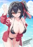  1girl :d ;d absurdres bikini black_bikini black_hair blue_sky blush breasts cleavage cloud collarbone commentary_request crossed_bangs day elegant_(sumisumi4268) hair_between_eyes hand_on_own_leg highres jacket large_breasts long_sleeves looking_at_viewer navel ocean one_eye_closed open_mouth original outdoors red_eyes red_jacket red_ribbon ribbon sample_watermark side_ponytail sidelocks sky smile standing swimsuit watermark 