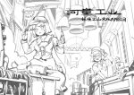  3girls :d absurdres blush chenwei_jun chinese_commentary chinese_text commentary_request forklift glasses_kappa greyscale hat highres holding holding_mask holding_tool kappa_mob_(touhou) kawashiro_nitori key machine mask monochrome multiple_girls parted_lips rocket shirt short_hair sketch skirt smile sweatdrop table toolbox tools touhou translation_request welding_mask workshop 