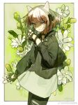  1girl animal_ears asakura_neko black_collar black_gloves black_hair black_jacket black_pants cat_ears character_name clothing_cutout collar commentary_request cowboy_shot cytus cytus_ii fake_animal_ears fingerless_gloves floral_background glove_cutout gloves green_background grey_shirt highres jacket long_sleeves looking_at_viewer multicolored_hair outside_border pants partially_shaded_face pink_eyes pink_hair shanshan_faguang_de_cainiao shirt short_hair torn_clothes torn_pants two-tone_hair watermark weibo_watermark 