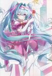  1girl absurdres aqua_hair bow cane closed_mouth commentary dress gloves hair_bow hair_intakes hatsune_miku highres holding holding_cane ima_sugu_rinne_(vocaloid) long_hair long_sleeves magical_girl man_bo one_eye_closed pantyhose pink_dress pink_eyes puffy_short_sleeves puffy_sleeves short_sleeves smile star_(symbol) star_in_eye symbol_in_eye twintails very_long_hair vocaloid white_bow white_gloves white_pantyhose 