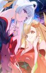  2girls blonde_hair blue_eyes blue_kimono brown_eyes brown_hair cho_kaguya-hime! colored_inner_hair commentary_request crescent crescent_hair_ornament hair_ornament hair_rings hair_stick highres japanese_clothes kaguya_(cho_kaguya-hime!) kaguya_(tsukuyomi)_(cho_kaguya-hime!) kimono logo long_hair multicolored_hair multiple_girls nail_polish purple_eyes purple_nails red_kimono runami_yachiyo runami_yachiyo_(tsukuyomi) twintails youmou_usagi 