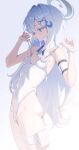  1girl absurdres blue_archive blue_halo blue_ribbon colored_eyelashes commentary_request detached_collar domi_(hongsung0819) gradient_eyes hair_ornament halo highleg highleg_one-piece_swimsuit highres korean_commentary long_hair long_single_sidelock multicolored_eyes one-piece_swimsuit orca_hair_ornament ribbon sayuri_(blue_archive) solo swimsuit white_background white_eyelashes white_hair white_one-piece_swimsuit x_hair_ornament 