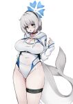  1girl absurdres black_choker blue_archive blue_halo breasts cetacean_tail choker cleavage commentary covered_navel cowboy_shot english_commentary fins fish_tail got_draw grey-framed_eyewear grey_hair halo headphones highres hooded_shrug kotone_(blue_archive) large_breasts multicolored_one-piece_swimsuit one-piece_swimsuit open_mouth round_eyewear short_hair shrug_(clothing) simple_background solo swimsuit tail thigh_strap white_background white_one-piece_swimsuit white_shrug 