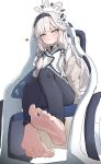  1girl absurdres barefoot black_pantyhose black_thighhighs blue_archive blush brown_cardigan cardigan commentary earclip feet foot_focus grey_eyes hair_ornament hairband halo heart highres himari_(blue_archive) jacket korean_commentary long_hair looking_at_viewer mole mole_under_eye multicolored_halo pantyhose pointy_ears powered_wheelchair purple_eyes soles solo striped_clothes striped_hairband thighhighs toes two-tone_halo unnnenn wavy_mouth wheelchair white_hair white_halo 