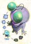  1other alien antennae artist_name black_eyes black_flower blue_skin character_name colored_skin commentary creature crossover english_text flower from_above full_body helmet highres looking_up male_focus neoaltz no_humans purple_skin rhythm_alien rhythm_tengoku rhythm_tengoku_miracle_stars simple_background size_difference smile solid_circle_eyes spacesuit twitter_username untranslatable_commentary white_background 