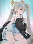  1girl =_= bandaid bandaid_on_head bandaid_on_leg bare_shoulders black_bow black_jacket blonde_hair blue_bow blue_dress blush bow commentary crossed_bandaids crown dress hair_ribbon highres jacket jacket_partially_removed looking_at_viewer milfy_(vrchat) ribbon sitting solo strapless strapless_dress sweatdrop teddy_bear_hair_ornament thigh_bow thigh_strap tofu1601 twintails vrchat yellow_eyes 