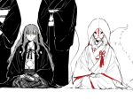  2girls 2others animal_ears bang_dream! bang_dream!_it's_mygo!!!!! collarbone fox_ears fox_mask fox_tail greyscale hair_ribbon long_hair long_sleeves mask medium_hair misumi_uika monochrome multiple_girls multiple_others pankoryo ribbon simple_background sitting spot_color sweat tail togawa_sakiko white_background wide_sleeves yellow_eyes 