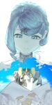  1girl ahoge bare_shoulders blue_eyes blue_hair closed_mouth collarbone commentary_request flower_hairclip gloves hair_ornament hairclip highres long_hair mecha robot seed_(zenless_zone_zero) seed_sr. simple_background smile solo tsuingumi(user_yftv7388) upper_body white_background white_gloves zenless_zone_zero 