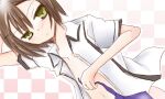 1boy arm_behind_head baka_to_test_to_shoukanjuu blush bottomless brown_hair checkered_background closed_mouth collared_shirt commentary_request cowboy_shot double-parted_bangs dutch_angle frown fumizuki_academy_school_uniform green_eyes grey_trim hair_between_eyes holding holding_unworn_clothes holding_unworn_necktie kinoshita_hideyoshi looking_at_viewer male_focus medium_hair navel necktie open_clothes open_shirt outline partially_undressed purple_necktie school_uniform shirt sidelocks solo trap two-tone_background uneven_eyes unworn_necktie urara_(urarai) white_outline white_shirt 