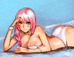  ass bikini blue_eyes bow_(bhp) braid breasts cleavage huge_ass large_breasts long_hair lying on_stomach original pink_hair side-tie_bikini solo swimsuit untied wristband 
