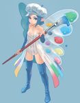  bare_shoulders blue_eyes blue_footwear blue_hair boots butterfly_wings hat multicolored multicolored_wings oekaki_musume original pointy_ears simple_background solo thigh_boots thighhighs weno wings 