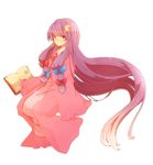  bangs blunt_bangs book bow crescent crescent_hair_ornament hair_bow hair_ornament kurosujuu long_hair looking_at_viewer no_hat no_headwear open_book patchouli_knowledge pink purple_hair red_eyes robe sitting solo staring striped touhou very_long_hair 