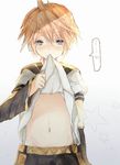  animated animated_gif blonde_hair blue_eyes blush heca kagamine_len male_focus mouth_hold navel shirt_lift simple_background solo vocaloid 