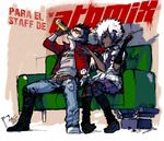  afro belt black_hair couch drinking glasses gloves grasshopper_manufacture highres jacket necktie no_more_heroes scar shinobu_(no_more_heroes) shinobu_jacobs silver_hair skirt stitches sunglasses torn_clothes travis_touchdown 