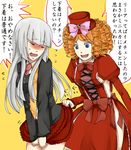  alternate_costume blonde_hair blue_eyes blush bow breasts dress drill_hair frills gaap hat hime_cut long_hair medium_breasts mini_hat mini_top_hat multiple_girls necktie pink_bow sash saya6382 sideboob silver_hair skirt skirt_lift top_hat translated umineko_no_naku_koro_ni virgilia 