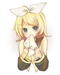  bad_id bad_pixiv_id blonde_hair blue_eyes chizu_(fiute) hair_ornament hair_ribbon hairclip kagamine_rin letter ribbon short_hair simple_background solo vocaloid 