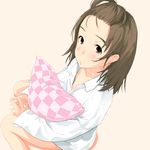  blush brown_eyes brown_hair dress_shirt forehead hanaosutarou kneeling long_hair original pillow pillow_hug shirt solo 