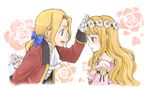  1girl blonde_hair blue_eyes bow brother_and_sister brown_eyes collar cravat euram_barows flower gensou_suikoden gensou_suikoden_v gloves hair_ribbon long_hair luserina_barows ponytail ribbon rose siblings smile tobira white_flower white_gloves white_rose 