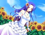  bad_id bad_pixiv_id blue_hair breasts bride cleavage cresc-dol dress elbow_gloves flower gloves hair_flower hair_ornament hands idolmaster idolmaster_(classic) large_breasts long_hair miura_azusa outstretched_arm outstretched_hand reaching red_eyes solo sunflower wedding_dress 