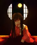  black_hair bow dark full_moon hair_bow hand_on_own_cheek houraisan_kaguya kurosujuu long_hair moon moonlight one_eye_closed red_eyes round_window smile solo touhou wide_sleeves window 