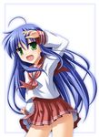  ahoge bad_id bad_pixiv_id blue_hair green_eyes izumi_konata long_hair lucky_star mole mole_under_eye pink_neckwear ryouou_school_uniform school_uniform serafuku solo tsuda_akira 