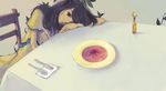  black_hair chair chin_rest food fork hair_over_one_eye knife kuchibiru_(lipblue) original solo soup spoon table 