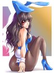  animal_ears arm_support black_hair bunny_ears bunnysuit con-tex from_behind long_hair original pantyhose red_eyes solo 