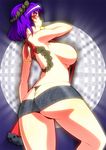  alternate_costume ass black_panties breasts contemporary fan huge_breasts panties purple_hair red_eyes short_hair short_shorts shorts sideboob solo tattoo thong toudori touhou underwear yasaka_kanako 