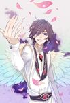  angel_wings bad_id bad_pixiv_id belt code_geass fabulous foreshortening highres lelouch_lamperouge long_sleeves male_focus mayumika petals purple_eyes purple_hair smile solo spoilers turtleneck vest wings 