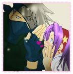  1girl artist_request black_eyes blue_gloves blush couple covered_mouth eye_contact fingerless_gloves flak_jacket forehead_protector gloves green_eyes grey_hair hairband haruno_sakura hatake_kakashi heart hetero jpeg_artifacts konohagakure_symbol long_sleeves looking_at_another lowres naruto naruto_(series) ninja one_eye_covered open_mouth pink_background pink_hair raised_eyebrows red_hairband sanpaku simple_background upper_body 