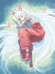  bamboo bow expressionless fetal_position fujiwara_no_mokou full_body hair_bow long_hair lying nakajimayou red_eyes silver_hair solo suspenders touhou very_long_hair 