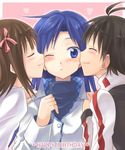  amami_haruka artist_request cheek_kiss double_cheek_kiss girl_sandwich idolmaster idolmaster_(classic) imminent_kiss kikuchi_makoto kisaragi_chihaya kiss multiple_girls raglan_sleeves sandwiched 