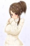  blush braid breasts brown_eyes brown_hair copyright_request homura_(haku89) large_breasts ponytail ribbed_sweater shirt snowing solo sweater taut_clothes taut_shirt turtleneck 