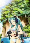  aqua_eyes aqua_hair aqua_nails bikini breasts camera car ground_vehicle hatsune_miku headphones large_breasts long_hair motor_vehicle nail_polish shima_taka solo swimsuit twintails vocaloid 