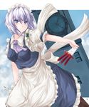  arcadia090 bad_id bad_pixiv_id blue_eyes braid clock clock_tower hairband highres izayoi_sakuya knife maid ribbon short_hair silver_hair solo touhou tower twin_braids 