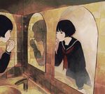  bad_id bad_pixiv_id banned_artist bathroom black_eyes black_hair kumaori_jun lipstick makeup mirror mole mole_under_mouth original reflection school_uniform serafuku shadow solo 