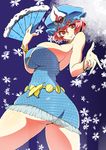  ass breasts bursting_breasts cocktail_dress dress fan folding_fan hat huge_breasts pink_hair red_eyes saigyouji_yuyuko short_dress short_hair solo toudori touhou 