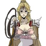  1girl blonde_hair bridal_gauntlets cape earrings female final_fantasy final_fantasy_iv green_eyes jewelry leotard long_hair lowres rika_(artist) rosa_farrell shoulder_pads simple_background solo tiara whip white_background 