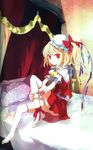  absurdres bad_hands blonde_hair flandre_scarlet hat highres oouso ponytail red_eyes short_hair side_ponytail solo thighhighs touhou wings 
