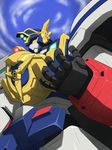  from_below hands highres looking_down mecha might_gaine no_humans sky solo taro yuusha_series yuusha_tokkyuu_might_gaine 