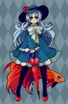  argyle argyle_background blue_eyes blue_hair bow closed_umbrella curly_hair dress fish flower frills hat long_hair long_sleeves original pantyhose planted_umbrella shoes smile solo teardrop umbrella yuzawa_risato 