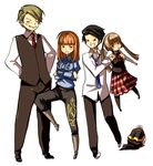  3boys ai-wa black_eyes black_hair blonde_hair boots brother_and_sister brothers brown_hair cape closed_eyes crotch_kick family grumpy kicking long_hair multiple_boys multiple_girls necktie open_mouth orange_hair short_hair siblings sisters smile twintails umineko_no_naku_koro_ni ushiromiya_eva ushiromiya_kinzou ushiromiya_krauss ushiromiya_rosa ushiromiya_rudolf younger 